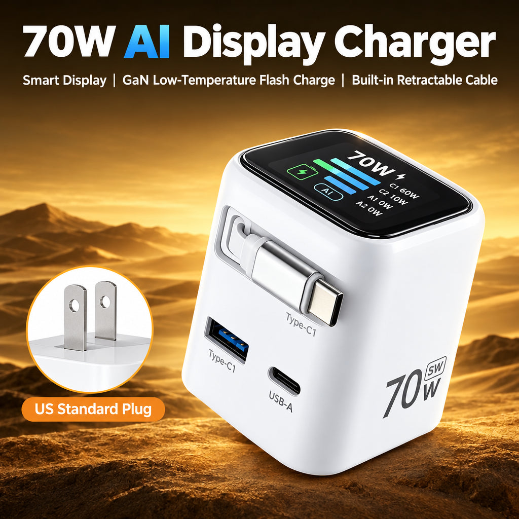 US-Spec 70W Digital Display Charging Adapter with Built-in Cable, GaN Multi-Port PD Fast Charging, USB-C Port, Desktop Charger