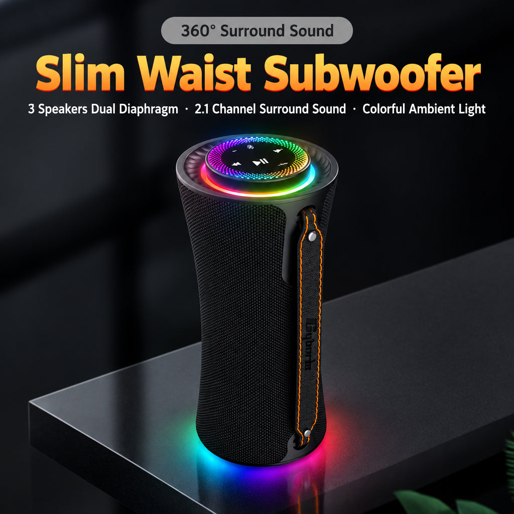 Cyboris New Custom-Designed 80W "Slim Waist" Wireless Bluetooth Speaker with 2.1 System, RGB Lighting, and Surround Sound