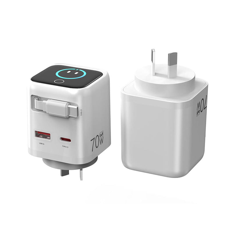 US-Spec 70W Digital Display Charging Adapter with Built-in Cable, GaN Multi-Port PD Fast Charging, USB-C Port, Desktop Charger