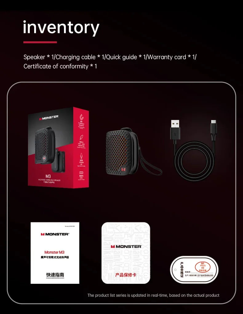 Monster M3 TWS Stereoscopic Wireless Touch Speaker Lightweight Bluetooth 5.4 Magnetic Clip Sports Music Player