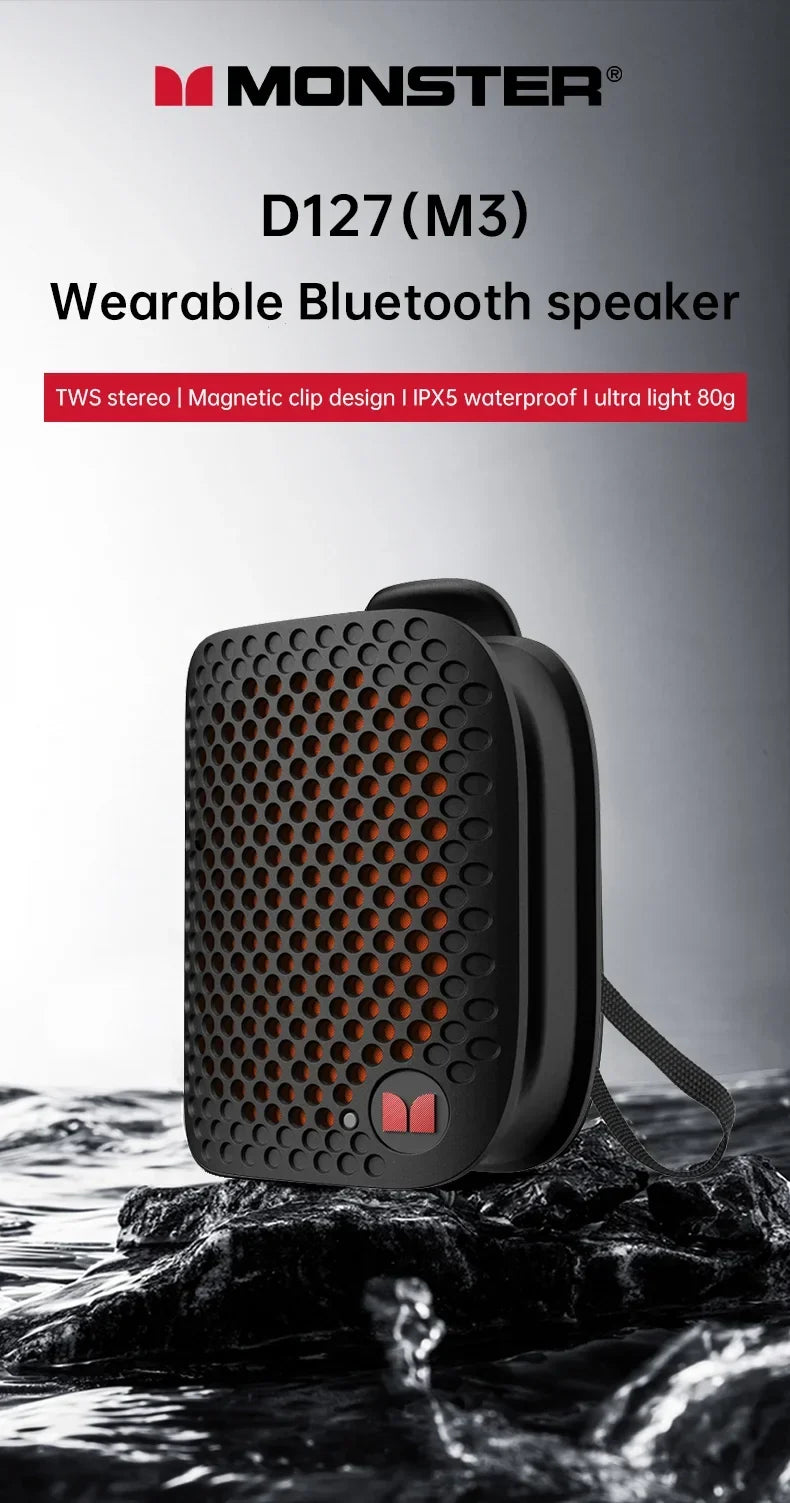 Monster M3 Magnetic Clip-On Mini BT V5.4 Portable Outdoor Sport Wearable Wireless Bluetooth Speakers With Bass Mic