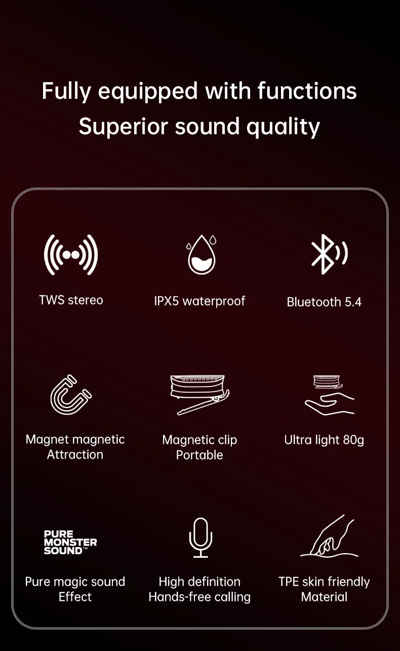 Monster M3 TWS Stereoscopic Wireless Touch Speaker Lightweight Bluetooth 5.4 Magnetic Clip Sports Music Player