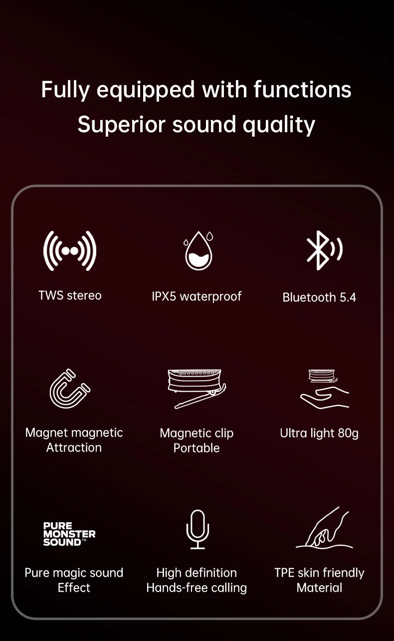 Monster M3 Magnetic Clip-On Mini BT V5.4 Portable Outdoor Sport Wearable Wireless Bluetooth Speakers With Bass Mic