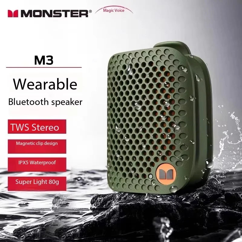 Monster M3 Magnetic Clip-On Mini BT V5.4 Portable Outdoor Sport Wearable Wireless Bluetooth Speakers With Bass Mic