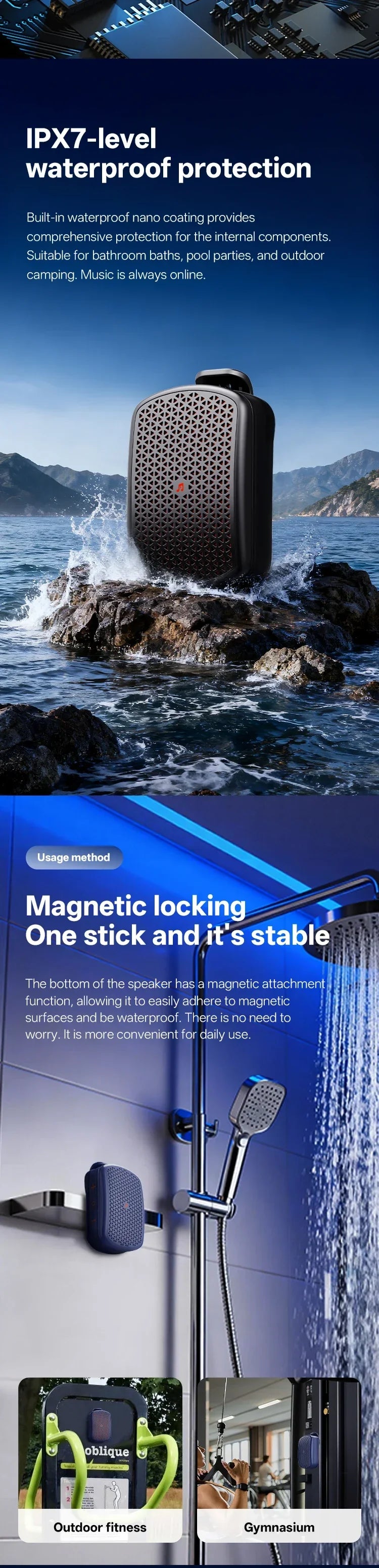 Magnetic Clip-on M1 Portable Bluetooth Speaker, Outdoor Waterproof TWS Stereo, High Volume, Mini Speaker with Heavy Bass.