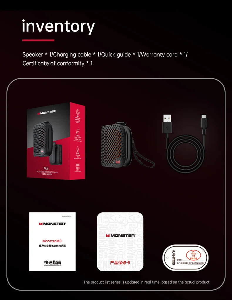Monster M3 Magnetic Clip-On Mini BT V5.4 Portable Outdoor Sport Wearable Wireless Bluetooth Speakers With Bass Mic